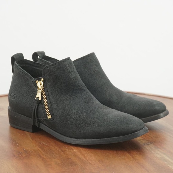 UGG Glee Womens Black Leather Ankle Boots Gold Zipper Booties Block Heel Size 7 - Picture 1 of 9